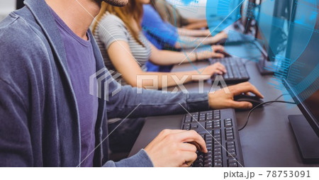 Digital interface with data processing against mid section of people working at office Digital interface with data processing against mid section of people working at office 78753091