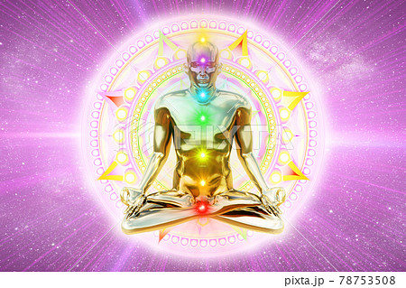 ヨガ_瞑想_座禅_013 覚醒 悟り チャクラ 曼荼羅 光のイラスト素材
