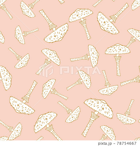 Hand drawn fall seamless pattern with white random mushroom shapes. Pastel pink background. 78754667