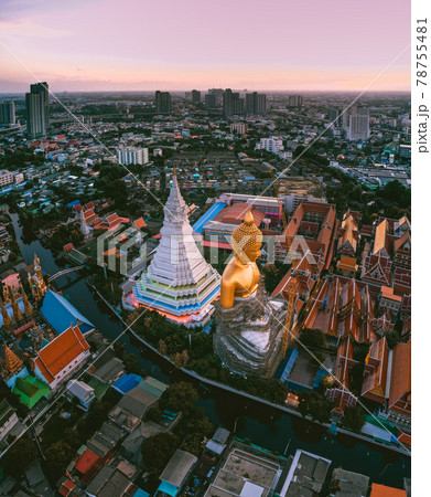 Aerial view of Wat Paknam Bhasicharoen, a temple, pagoda and Buddha statue in Bangkok Thailand 78755481