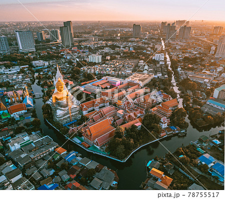 Aerial view of Wat Paknam Bhasicharoen, a temple, pagoda and Buddha statue in Bangkok Thailand 78755517