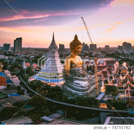 Aerial view of Wat Paknam Bhasicharoen, a temple, pagoda and Buddha statue in Bangkok Thailand Aerial view of Wat Paknam Bhasicharoen, a temple, pagoda and Buddha statue in Bangkok Thailand 78755762