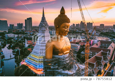 Aerial view of Wat Paknam Bhasicharoen, a temple, pagoda and Buddha statue in Bangkok Thailand 78755812