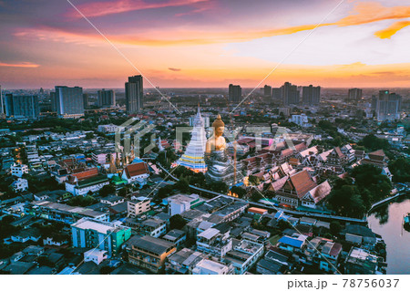 Aerial view of Wat Paknam Bhasicharoen, a temple, pagoda and Buddha statue in Bangkok Thailand Aerial view of Wat Paknam Bhasicharoen, a temple, pagoda and Buddha statue in Bangkok Thailand 78756037