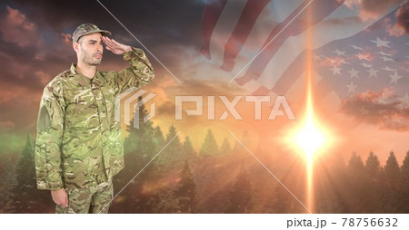 Composition of soldier saluting against sunset and american flag Composition of soldier saluting against sunset and american flag 78756632