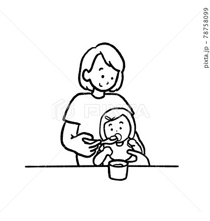 離乳食を食べさせるイラスト 線画のイラスト素材