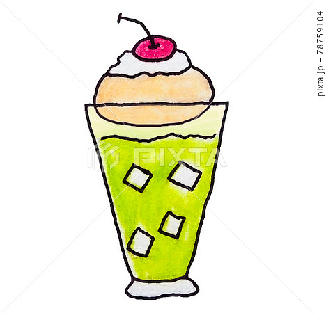 色鉛筆手書きのメロンクリームソーダのイラスト素材