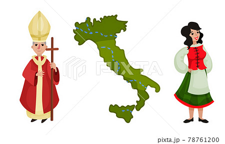 Italy Country Symbols with Supreme Pontiff, Woman Wearing National Clothing and State Boundaries Vector Set Italy Country Symbols with Supreme Pontiff, Woman Wearing National Clothing and State Boundaries Vector Set 78761200