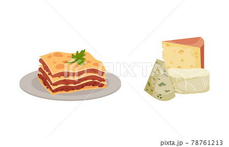Italy Country Symbols with Lasagna Dish and Cheese Slabs Vector Set 78761213
