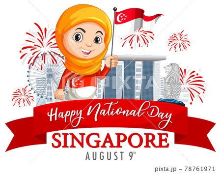 Singapore National Day with a muslim girl holds Singapore flag cartoon character Singapore National Day with a muslim girl holds Singapore flag cartoon character 78761971