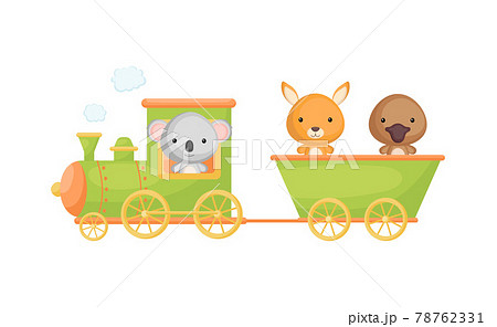 Cute cartoon green train with koala driver and kangaroo, platypus on waggon on white background. Design for childrens book, greeting card, baby shower, invitation, wall decor. Vector illustration Cute cartoon green train with koala driver and kangaroo, platypus on waggon on white background. Design for childrens book, greeting card, baby shower, invitation, wall decor. Vector illustration 78762331