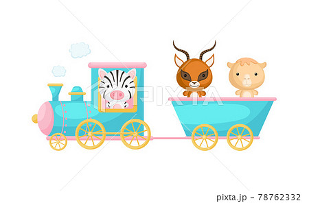 Cute cartoon turquoise train with zebra driver and gazelle, camel on waggon on white background. Design for childrens book, greeting card, baby shower, invitation, wall decor. Vector illustration. 78762332
