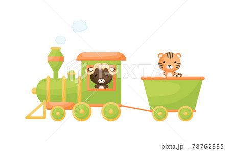 Cute cartoon green train with musk-ox driver and tiger on waggon on white background. Design for childrens book, greeting card, baby shower, party invitation, wall decor. Vector illustration. Cute cartoon green train with musk-ox driver and tiger on waggon on white background. Design for childrens book, greeting card, baby shower, party invitation, wall decor. Vector illustration. 78762335