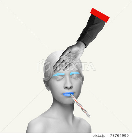 Abstract female measuring temperature with mouth. Pastel background. The male hand, womans face and thermometer. 78764999