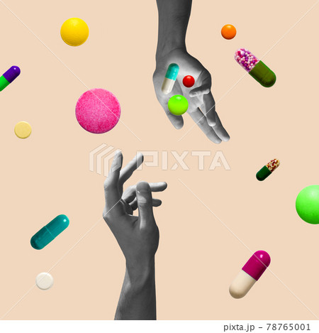 Pastel background. The abstract hand and falling tablets and pills. Artwork or creative collage with isolated elements. 78765001