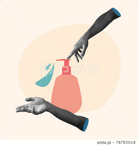 Hand sanitizer and abstract male hand in trendy style. Covid-19. Hand sanitizer and abstract male hand in trendy style. Covid-19. 78765018