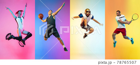 Collage of different professional sportsmen, fit people in action and motion isolated on color background. Flyer. 78765507