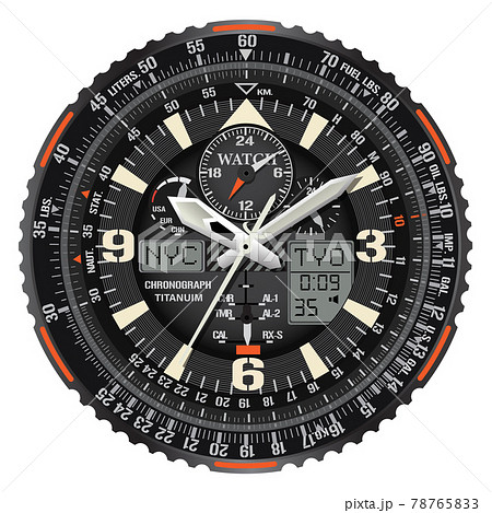 Realistic vector of clock watch chronograph face black metallic white orange text number digital for men luxury on white background illustration. Realistic vector of clock watch chronograph face black metallic white orange text number digital for men luxury on white background illustration. 78765833