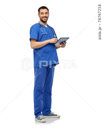 smiling doctor or male nurse using tablet computer 78767258