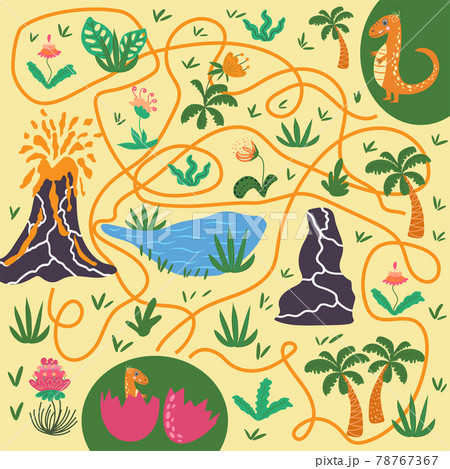 Help dinosaur find path to nest. Labyrinth. Maze game for kids. Help dino moms to find their eggs kid learning game with maze. 78767367