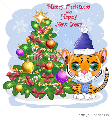 Cartoon tiger in a hat and scarf with a gift near the Christmas tree. Winter time. Children's style, sweetheart. Happy New Year 2022 and Merry Christmas. Cartoon tiger in a hat and scarf with a gift near the Christmas tree. Winter time. Children's style, sweetheart. Happy New Year 2022 and Merry Christmas. 78767419