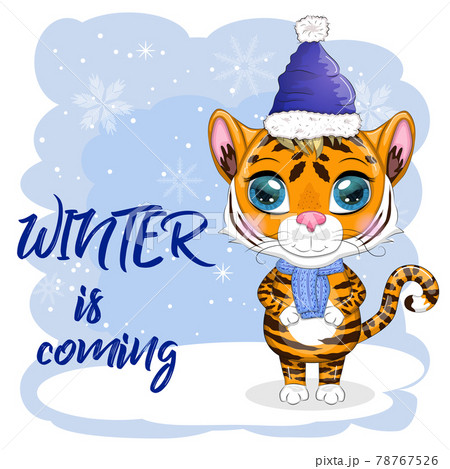 Cartoon tiger in a hat and scarf on a winter background, Winter is coming. Children's stylistics, cute. Symbol of 2022 New Year 78767526