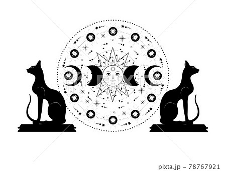 Triple moon and black cats, pagan Wiccan goddess symbol, sun system, moon phases, orbits of planets, energy circle. Sacred geometry of the wheel of the year, vector isolated on white background 78767921