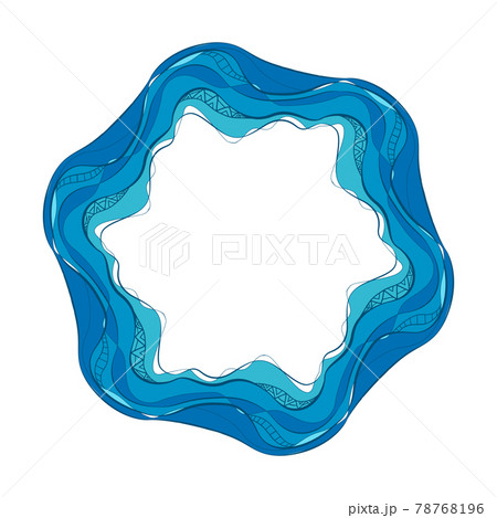 Circle frame with blue and turquoise waves with white tribal pattern and copy space. Vector template of the ocean and rivers. Round wreath with a sea ornament. Circle frame with blue and turquoise waves with white tribal pattern and copy space. Vector template of the ocean and rivers. Round wreath with a sea ornament. 78768196
