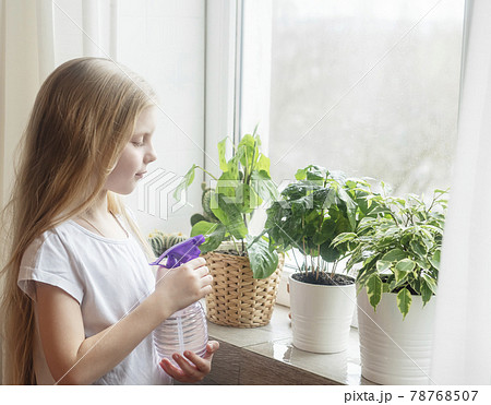 Little girl splashing water on house plants Little girl splashing water on house plants 78768507