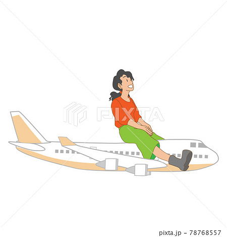 飛行機に乗り海外旅行へいく女性のイラスト素材
