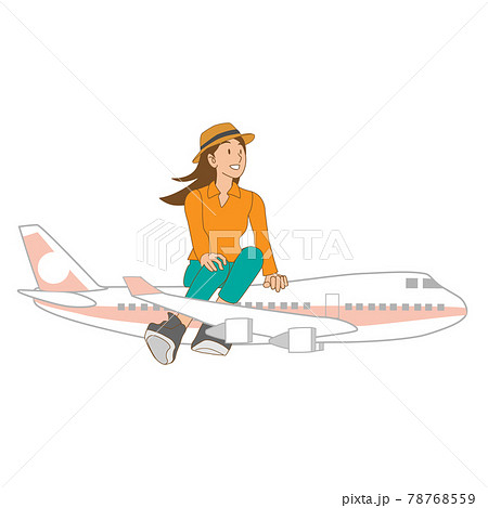 飛行機に乗り海外一人旅に行く女性のイラスト素材 飛行機に乗り海外一人旅に行く女性のイラスト素材