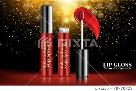 Attractive red lip gloss ads, sticky and glossy liquid texture with transparent glass container in vector design illustration. Attractive red lip gloss ads, sticky and glossy liquid texture with transparent glass container in vector design illustration. 78770725