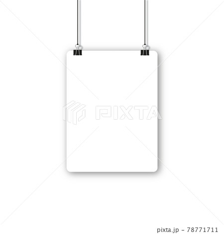 Blank poster hanging on a binder clips. A4 white paper sheet hangs on a rope with clips. 78771711