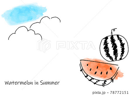 シンプルタッチのスイカと夏空の線画のイラスト素材
