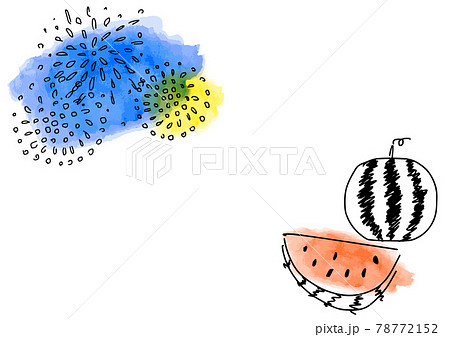 シンプルタッチの花火とスイカの線画のイラスト素材