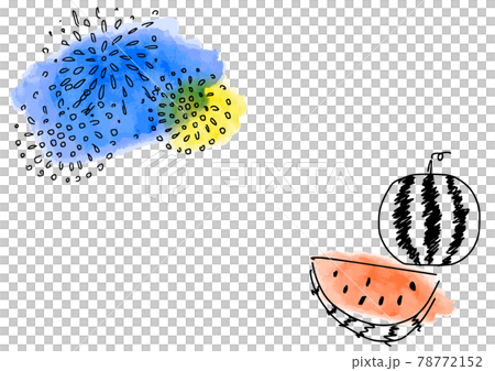 シンプルタッチの花火とスイカの線画 78772152