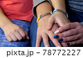 Mother and daughter hand with vaccined label or bracelet after injection 78772227
