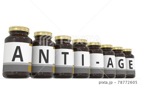 ANTI-AGE text on the labels of medical bottles. 3d rendering ANTI-AGE text on the labels of medical bottles. 3d rendering 78772605