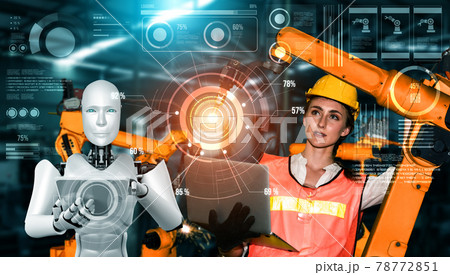 Mechanized industry robot and human worker working together in future factory 78772851