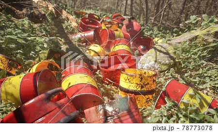 A dump in a green forest from poisonous barrels with chemicals that poison nature and the environment. Polluted environment concept. 3D Rendering. 78773078