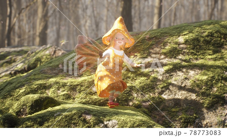 A cute cheerful elf is dancing a fiery dance on a green stone in a summer sunny forest. Fairy elven magic concept. 3D Rendering. 78773083