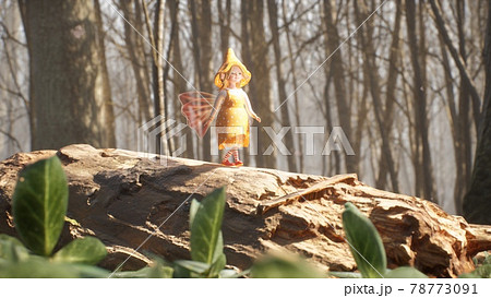A cute little elf is resting and walking in the summer sunny green forest. Fairy elven magic concept. View of a fairy elf in a forest. 3D Rendering. 78773091