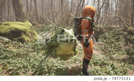 A terrible huge frog grown on pesticides attacks a defenseless biologist studying the forest. Attack of a terrible mutant. 3D Rendering. A terrible huge frog grown on pesticides attacks a defenseless biologist studying the forest. Attack of a terrible mutant. 3D Rendering. 78773131