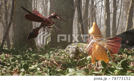 A cute brave elf fights with a magic elven sword with a terrible dangerous flying insect in a summer magic forest. Magic fairy concept. 3D Rendering. A cute brave elf fights with a magic elven sword with a terrible dangerous flying insect in a summer magic forest. Magic fairy concept. 3D Rendering. 78773152