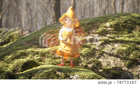 A cute cheerful elf is dancing a fiery dance on a green stone in a summer sunny forest. Fairy elven magic concept. 3D Rendering. 78773167