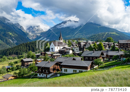 Panoroma of the historic village Ernen within the Alps in Valais, Switzerland 78773410
