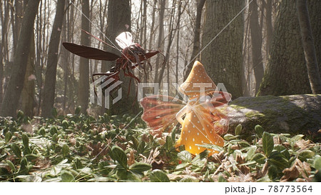 A cute brave elf fights with a magic elven sword with a terrible dangerous flying insect in a summer magic forest. Magic fairy concept. 3D Rendering. 78773564