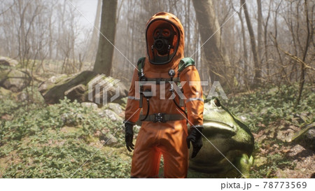 A terrible huge frog grown on pesticides attacks a defenseless biologist studying the forest. Attack of a terrible mutant. 3D Rendering. 78773569