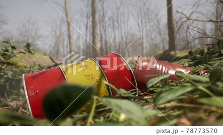 A dump in a green forest from poisonous barrels with chemicals that poison nature and the environment. Polluted environment concept. 3D Rendering. 78773570