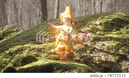 A cute cheerful elf is dancing a fiery dance on a green stone in a summer sunny forest. Fairy elven magic concept. 3D Rendering. 78773572